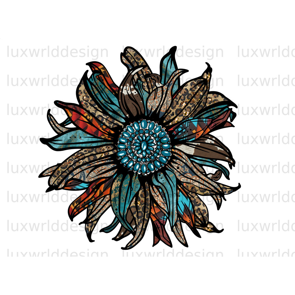 Leopard Turquoise Gemstone Sunflower PNG Sunflower png Western Sunflower png Sublimation Design Digital Design Download - 1.jpg