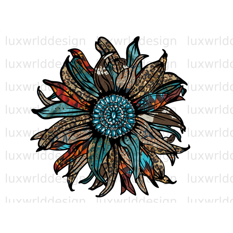 Leopard Turquoise Gemstone Sunflower PNG Sunflower png Western Sunflower png Sublimation Design Digital Design Download - 1.jpg