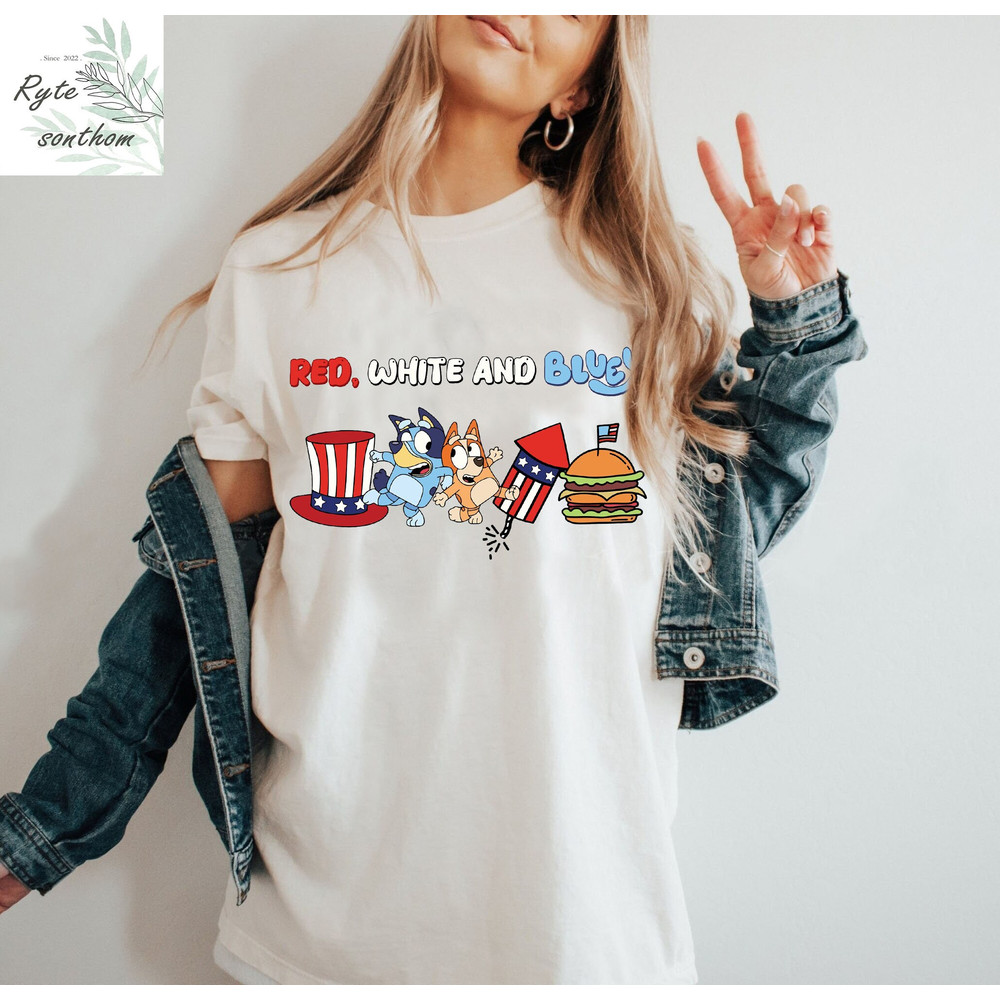 Red, White and Bluey Comfort Colors® Shirt, Bluey and Bingo Independence Day Shirt, Bluey, Bingo and Hamburger 4th Of July Shirt - 2.jpg
