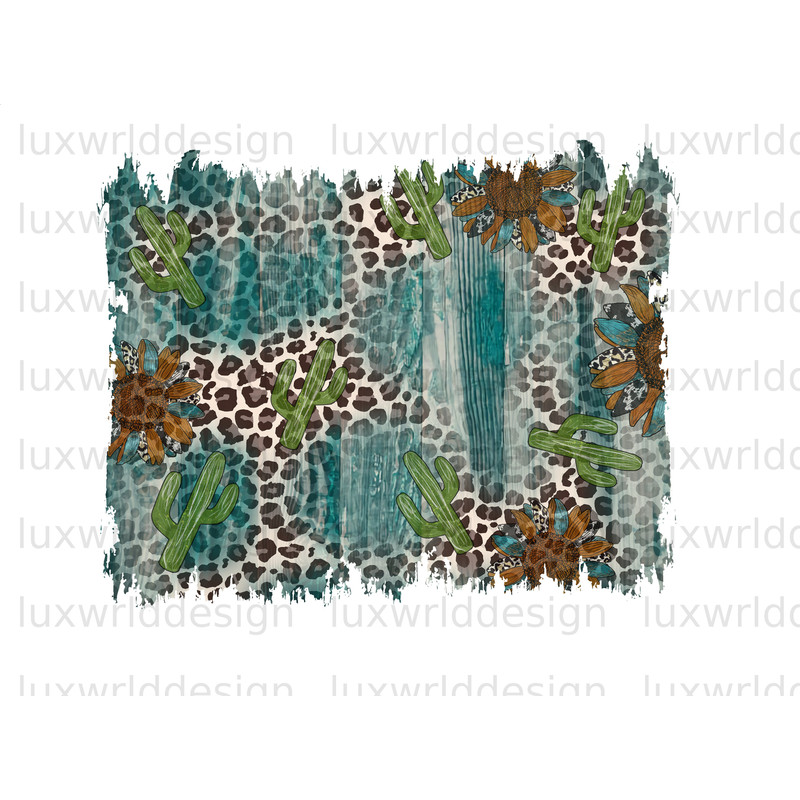 Western Cactus Sunflower Turquoise Leopard Background PNG Western Background png Sublimation Design Digital Design Download - 1.jpg