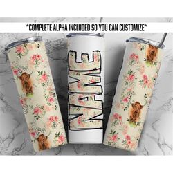 highland cow floral tumbler wrap png name doodle alpha tumbler seamless sublimation designs downloads - skinny 20oz desi