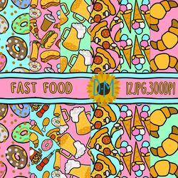 fast food seamless pattern, cartoon set for scrapbooking and crafting hot dog, burger, cola, pizza, donut, ice cream