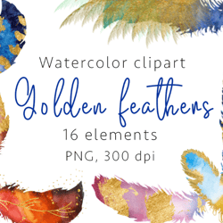 Golden feathers Watercolor clipart, PNG