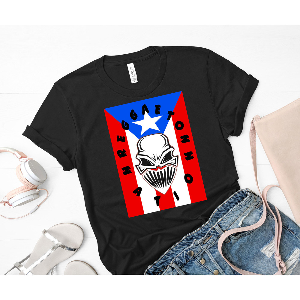 Reggaeton Nation Upright Puerto Rican Flag Bandana Face Skull Classic T-Shirt 129_Black_Black.jpg