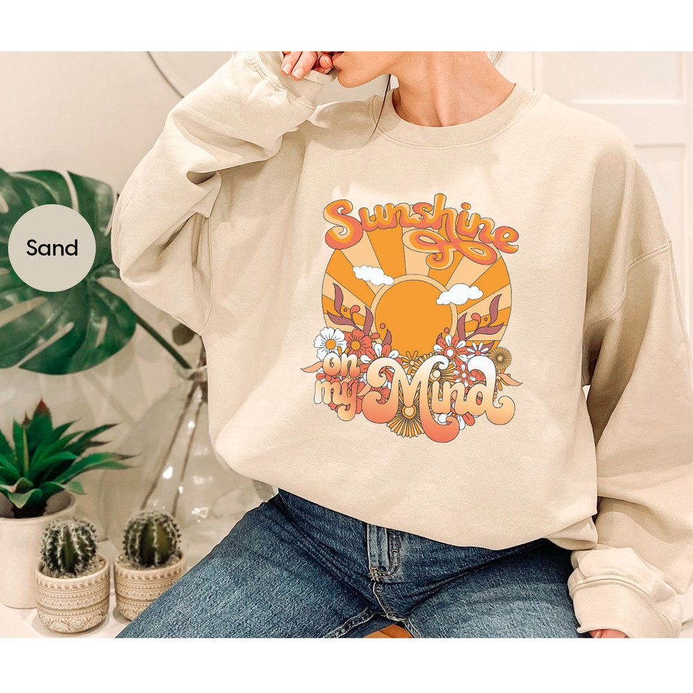 Aesthetic Beach Sunshine Hoodie for Women, Retro Sunshine on My Mind Sweatshirts, Boho Sun Wildflowers Long Sleeve for Girls Summer Vacation - 2.jpg