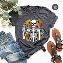 Aesthetic Skeleton Shirt, Floral Skeleton Graphic Tees, Funny Skull TShirts, Gift for Her, Summer Clothing, Groovy Flowe