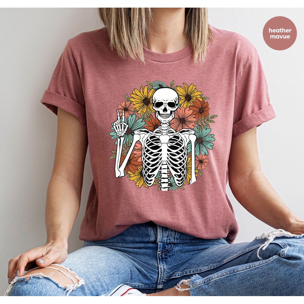Aesthetic Skeleton Shirt, Floral Skeleton Graphic Tees, Funny Skull TShirts, Gift for Her, Summer Clothing, Groovy Flower VNeck T-Shirt - 2.jpg
