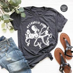 Alcoholic Octopus Graphic Tees for Party, Unisex Funny Octoholic Tshirt, Drinking Octopus Tshirts for Friend, Vintage Oc
