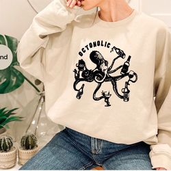 Alcoholic Octopus Long Sleeve Shirt for Party, Funny Octoholic Sweatshirt for Friend Gift, Vintage Drinking Octopus Beer