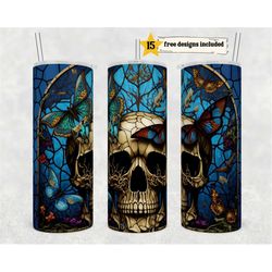 stained glass skull and butterflies 20 oz skinny tumbler sublimation design digital download png instant digital only, g