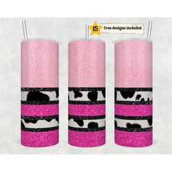 hot pink cow print 20oz skinny tumbler design templates, cowhide tumbler straight png digital download glitter print cow