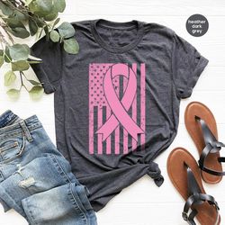 Breast Cancer Shirt, Cancer Shirt, Breast Cancer Ribbon USA Flag Shirt, Breast Cancer Month, Cancer Awareness Shirt, Can