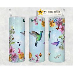 20oz skinny tumbler flowers hummingbird and butterfly with dragonflies glitter sublimation design templates straight png