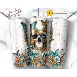 skull and butterflies 20 oz skinny tumbler sublimation design digital download png instant digital only, butterfly skull