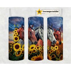 sunflowers and horses 20 oz skinny tumbler sublimation design digital download png instant digital only, rustic ranch st
