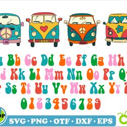 hippie svg bundle | hippie font svg cricut, hippie font otf, 70s 80s font, hippie van svg, hippie van png, hippie bus