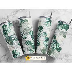 monstera leaf 20 oz skinny tumbler sublimation tropical print tumbler wrap design for straight tumbler, png, digital fil
