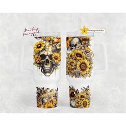 gothic skulls sunflower 40oz tumbler wrap - png tumbler design sublimation designs downloads - skeleton sublimation tumb