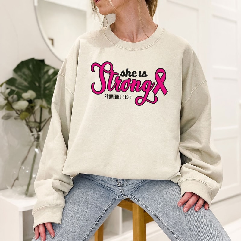 Christian Breast Cancer Shirts, Religious Cancer Survivor Gift, She is Strong Proverbs 31 25 Shirt, Bible Verse Shirts to Support Cancer - 1.jpg