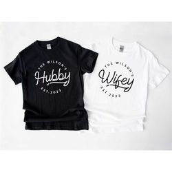 matching honeymoon shirts - hubby wifey t-shirts - personalised mr mrs shirts - couples honeymoon t-shirts - just marrie