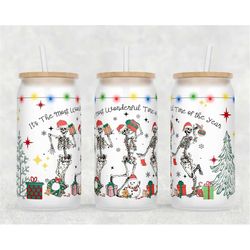 funny christmas glass can wrap - digital sublimation design - christmas skeletons dancing - 16oz template, sassy sarcast