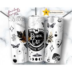 black cat coffee 20 oz skinny tumbler sublimation design digital download png instant digital only, celestial black cat