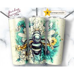 floral bee 20 oz skinny tumbler sublimation design digital download png instant digital only, springtime flowers bee tum