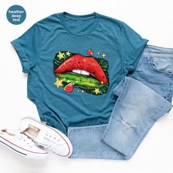 cool watermelon graphic tees, trendy summer shirt, summer fruit outfit, aesthetic lips clothing, cute heart vneck t-shir