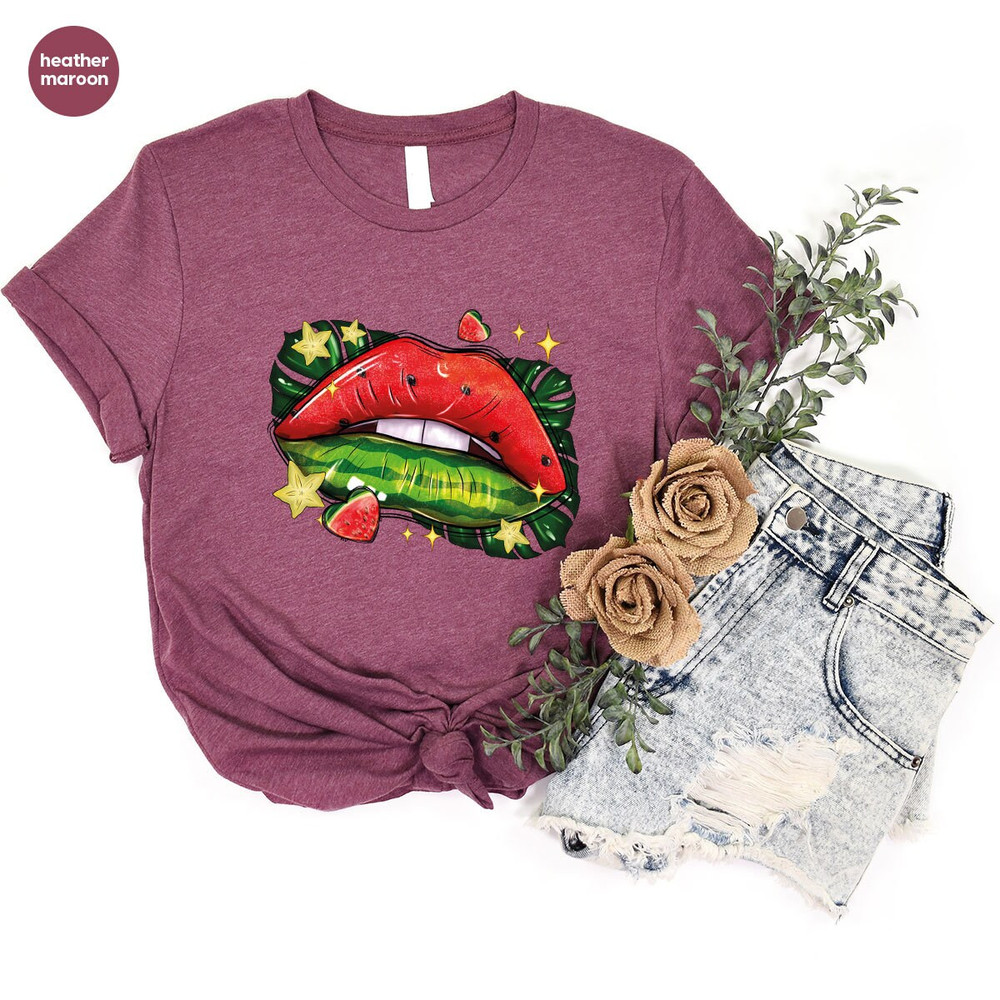 Cool Watermelon Graphic Tees, Trendy Summer Shirt, Summer Fruit Outfit, Aesthetic Lips Clothing, Cute Heart Vneck T-Shirts, Gifts for Her - 3.jpg