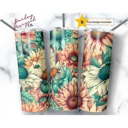 boho sunflower 20 oz skinny tumbler sublimation design digital download png instant digital only, pink and mint sunflowe