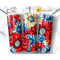 red white & blue sunflowers 20 oz skinny tumbler sublimation design digital download png instant digital only, patriotic