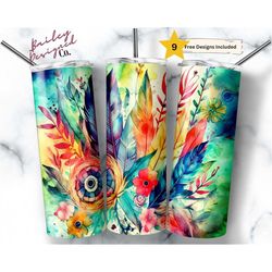boho feathers 20 oz skinny tumbler sublimation design digital download png instant digital only, tribal dreamcatcher fea