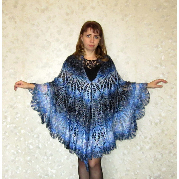 Bright colorful crochet shawl, Blue Hand knit Russian Orenburg shawl, Warm Shoulder cape, Goat down stole, Wool wrap, Cover up, Lace kerchief, Gift for mother.J