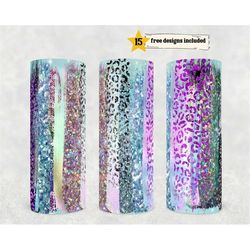 20oz skinny tumbler blank rainbow holographic leopard print glitter sublimation design template, straight png digital do