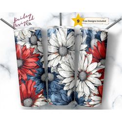patriotic daisies 20 oz skinny tumbler sublimation design digital download png instant digital only, red white blue dais