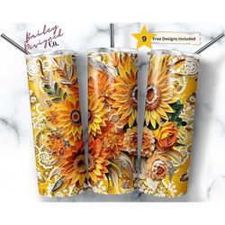sunflower quill 20 oz skinny tumbler sublimation design digital download png instant digital only, embroidery sunflower