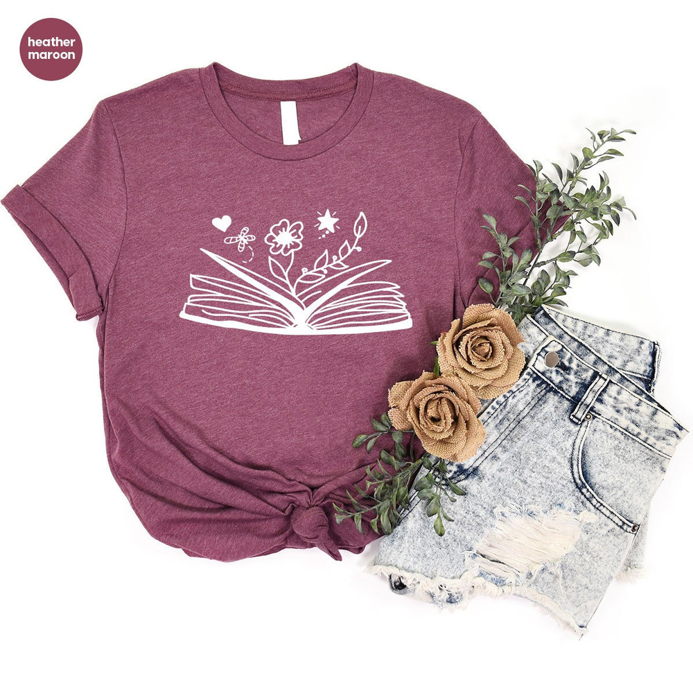 Cute Flower Shirts, Books with Flowers Shirt, Librarian Tshirts, Floral Book Tshirt, Bookworm Tshirt, Minimalist Reading Book Shirts - 5.jpg