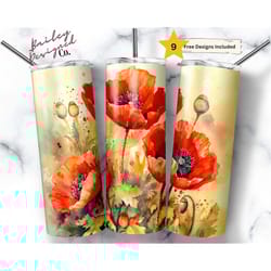 poppies 20 oz skinny tumbler sublimation design digital download png instant digital only, spring flowers tumbler, flora