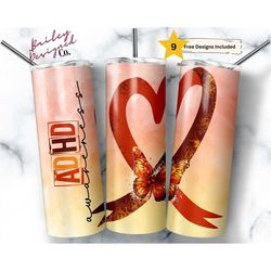 adhd awareness 20 oz skinny tumbler sublimation design digital download png instant digital only, adhd ribbon tumbler