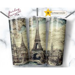 embroidered eiffel tower 20 oz skinny tumbler sublimation design digital download png instant digital only, paris embroi