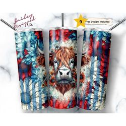 patriotic highland cow 20 oz skinny tumbler sublimation design digital download png instant digital only, american cow t
