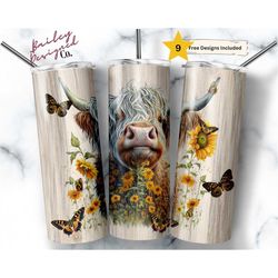 highland cow 20 oz skinny tumbler sublimation design digital download png instant digital only, cute cow tumbler, sunflo