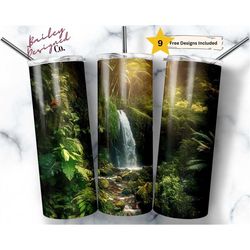 tropical waterfall 20 oz skinny tumbler sublimation design digital download png instant digital only, green jungle tumbl