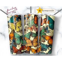 retro butterfly 20 oz skinny tumbler sublimation design digital download png instant digital only, seamless butterflies