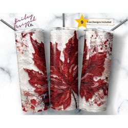 embroidered red maple leaf 20 oz skinny tumbler sublimation design digital download png instant digital only, embroidery