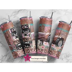 pink girl farmer 20 oz skinny tumbler farm life farmer tractor sublimation design digital download png instant digital,