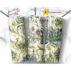 embroidered succulents 20 oz skinny tumbler sublimation design digital download png instant digital only, embroidery pla