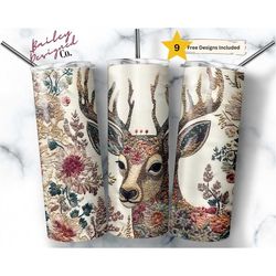 embroidered deer 20 oz skinny tumbler sublimation design digital download png instant digital only, embroidery nature tu