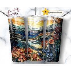 embroidered mountains 20 oz skinny tumbler sublimation design digital download png instant digital only, nature river tu