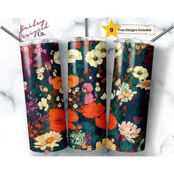 retro colors flowers 20 oz skinny tumbler sublimation design digital download png instant digital only, seamless floral